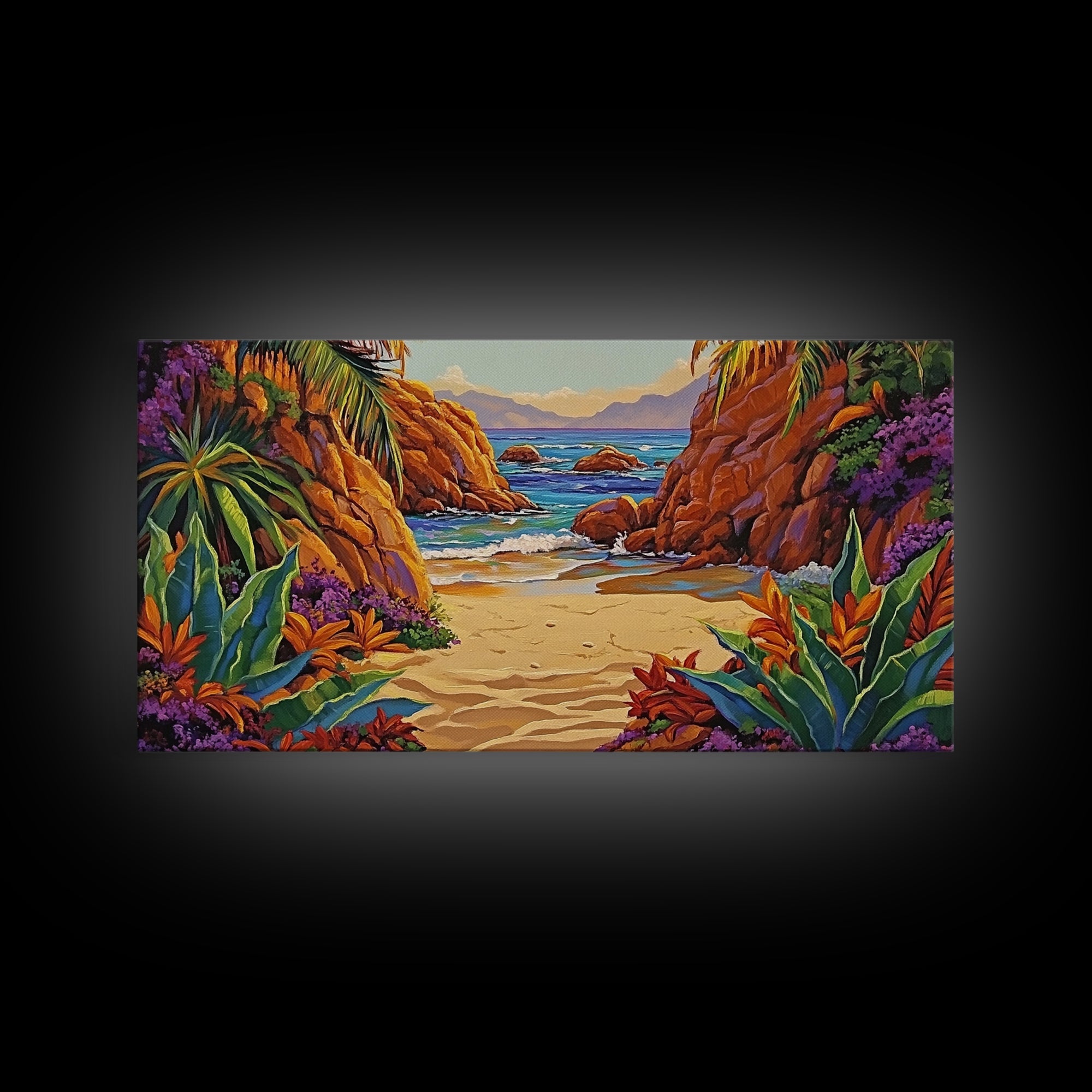 Cove Palms, Beach, Framed Canvas Print, Secluded tropical beach scene, Bedroom Wall Art, boho paradise vibes, coastal summer escape