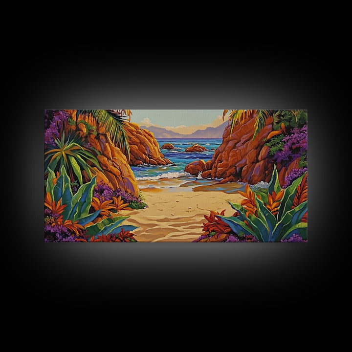 Cove Palms, Beach, Framed Canvas Print, Secluded tropical beach scene, Bedroom Wall Art, boho paradise vibes, coastal summer escape