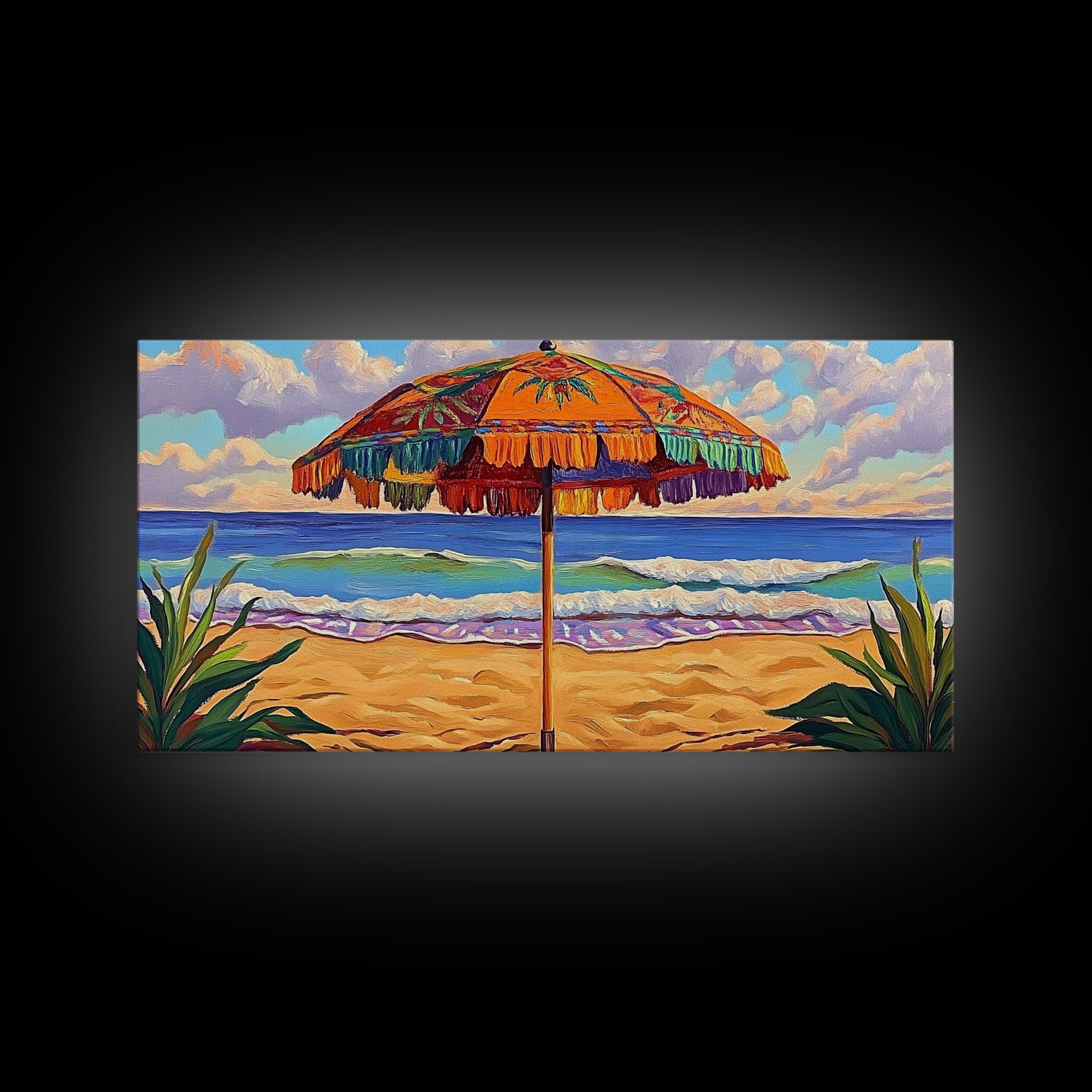 Umbrella Beach, Ocean, Framed Canvas Print, Colorful Beach Umbrella Painting, Retro Coastal Wall Decor, Summer Kitchen Art
