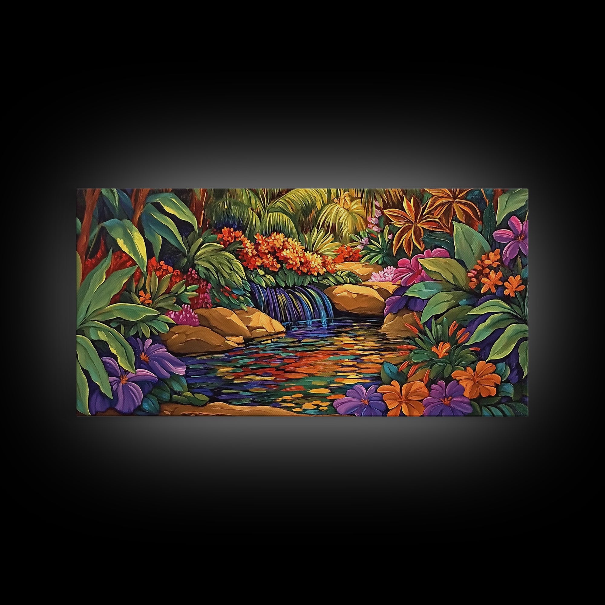 Jungle Waterfall, Floral, Vivid, Canvas Print, Botanical Wall Art, Tropical Home Decor, Boho Jungle Artwork, Bathroom Accent Piece