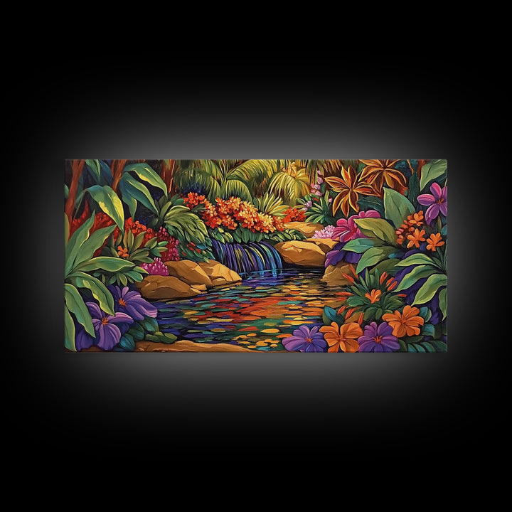 Jungle Waterfall, Floral, Vivid, Canvas Print, Botanical Wall Art, Tropical Home Decor, Boho Jungle Artwork, Bathroom Accent Piece