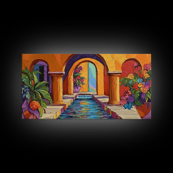 Courtyard Fountain, Colorful, Mediterranean, Framed Canvas Print, Spanish Style Art, Hallway Wall Decor, Bold Architecture Painting
