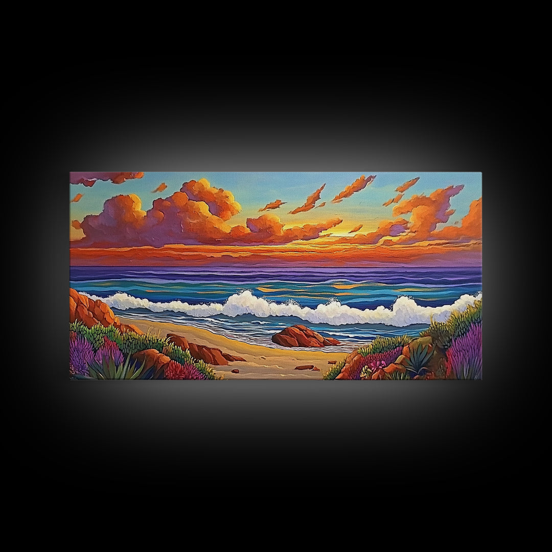 Beach Sunset, Waves, Pastel, Canvas Print, Seaside Landscape Art, Coastal Home Wall Decor, Serene Living Room Accent