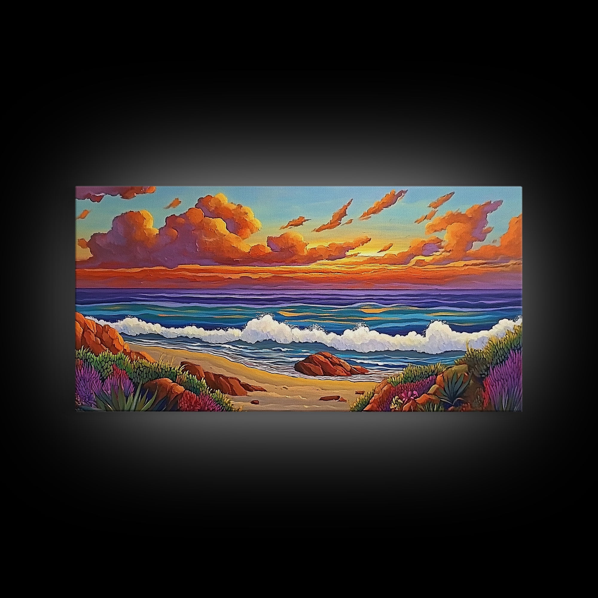 Beach Sunset, Waves, Pastel, Canvas Print, Seaside Landscape Art, Coastal Home Wall Decor, Serene Living Room Accent