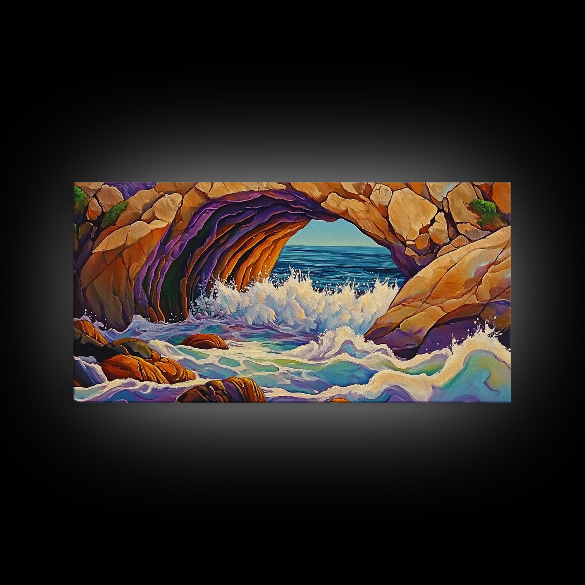 Cave Ocean, Wave, Cliff, Canvas Print, Coastal Nature Art, Bold Seaside Landscape Painting, Living Room Wall Decor, Nature Escape