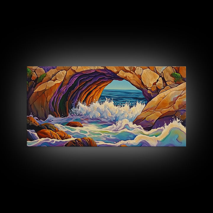 Cave Ocean, Wave, Cliff, Canvas Print, Coastal Nature Art, Bold Seaside Landscape Painting, Living Room Wall Decor, Nature Escape