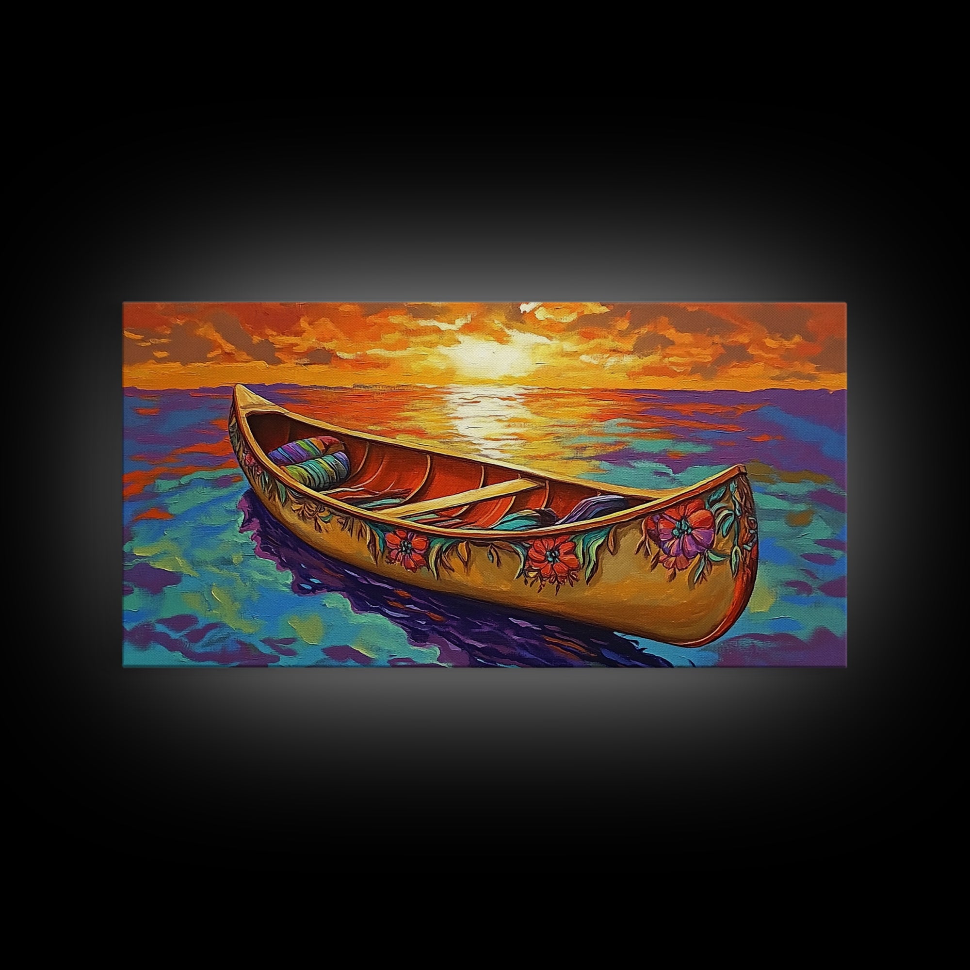 Canoe Sunset, Ocean, Solitude, Framed Canvas Print, Tranquil Beach Wall Art, Summer Decor, Nautical Painting, Living Room Accent