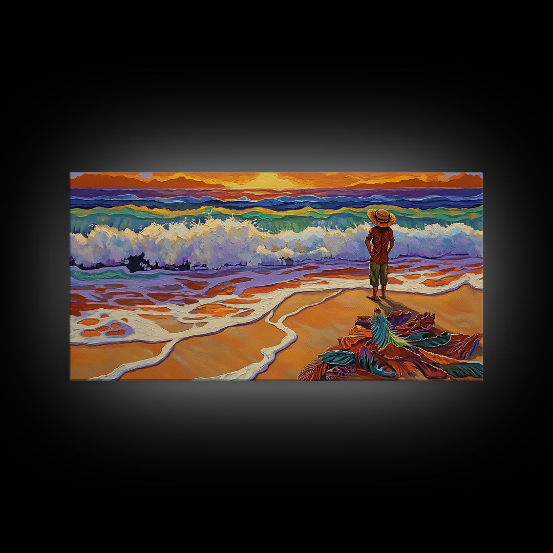 Sunset Ocean, Solitude, Framed Canvas Print, Peaceful Beach Sunset Art, Serene Mindfulness Coastal Decor, Zen Living Room Artwork