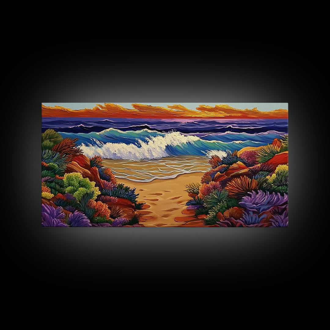 Waves Beach, Sunset, Coastal, Framed Canvas Print, Ocean Wall Art, Colorful Seascape Decor, Nautical Living Room Accent, Coastal Vibes
