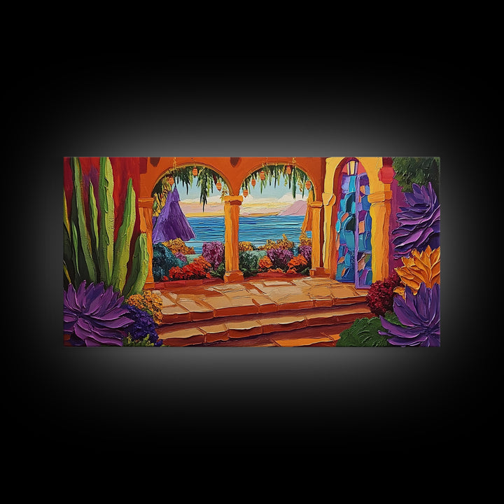 Patio Ocean, Paradise, View, Canvas Print tropical patio view art, living room coastal decor, sunset painting, Mediterranean vibes