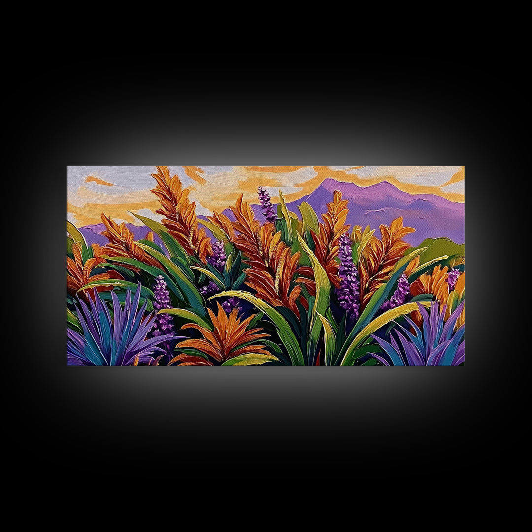 Botanical Sunset, Mountain, Framed Canvas Print, Vibrant Flower Field Painting, Nature Boho Wall Art, Sunset Hallway Decor