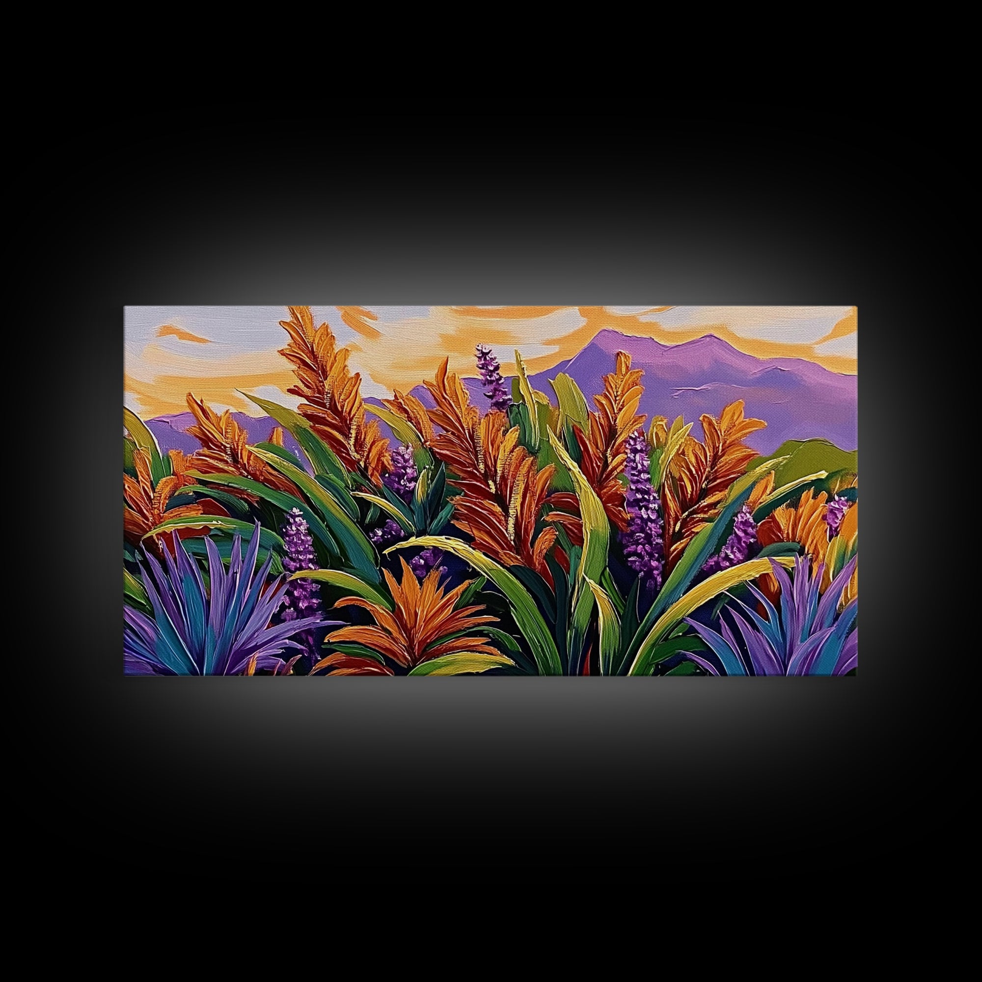 Botanical Sunset, Mountain, Framed Canvas Print, Vibrant Flower Field Painting, Nature Boho Wall Art, Sunset Hallway Decor