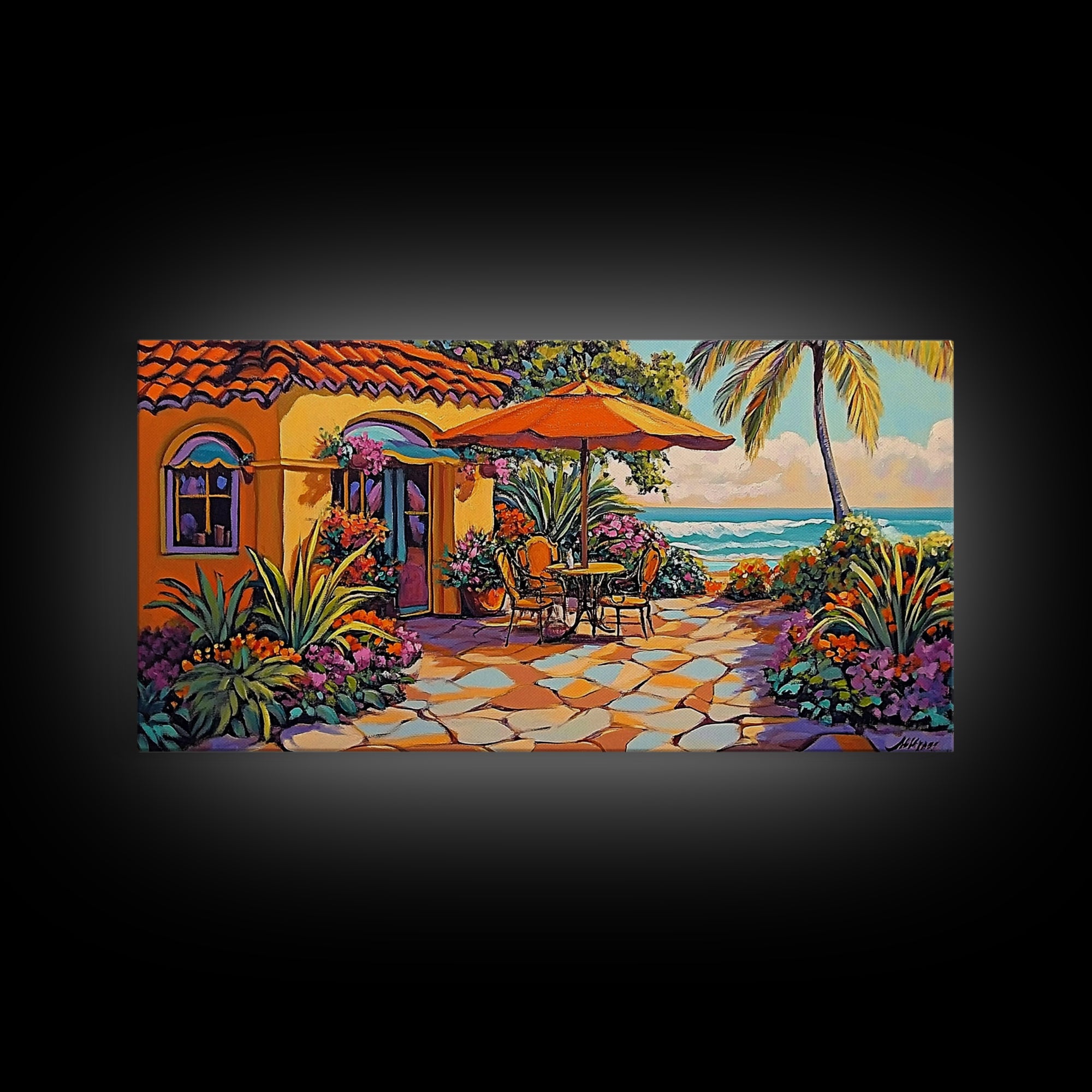Patio Palm, Ocean, Framed Canvas Print, Tropical Patio Garden Scene, Warm Mediterranean Style Wall Decor,  Dining Room Art