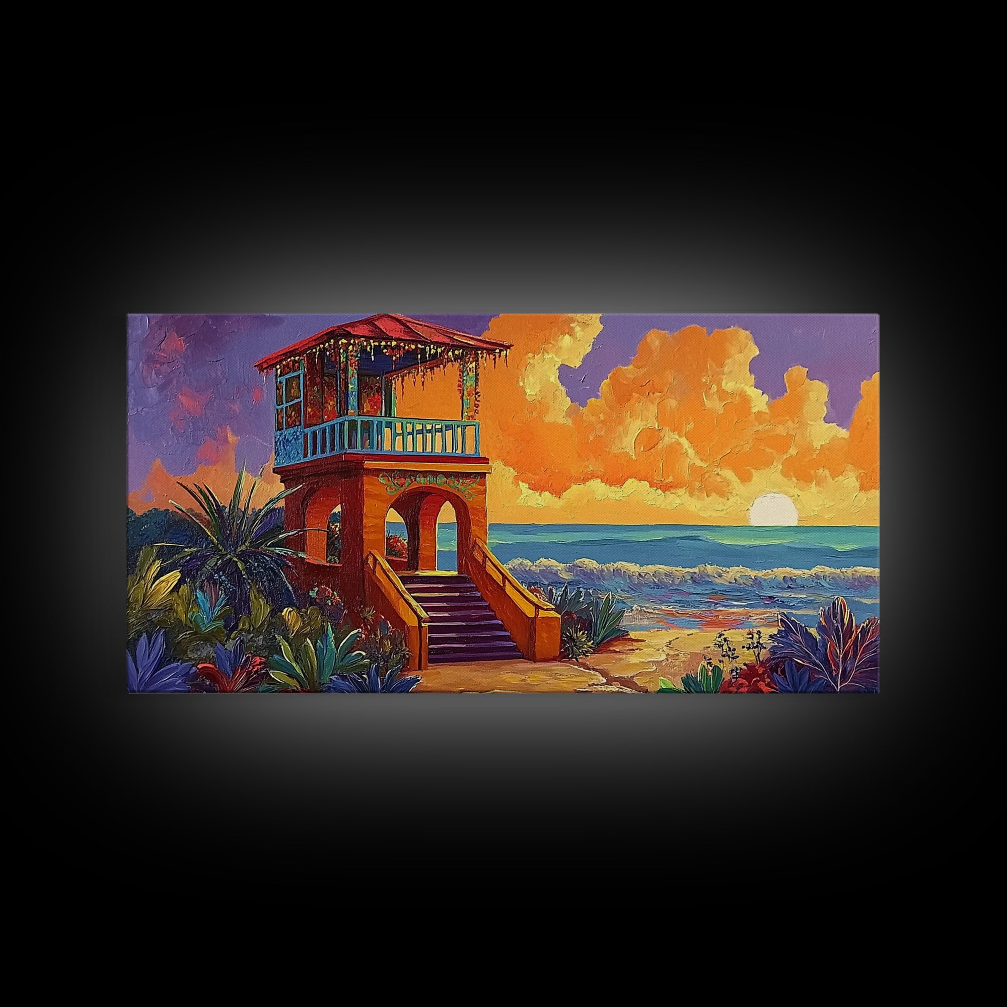 Beach Sunset, Tower, Tropical, Canvas Print, Coastal sunset art, boho beach house decor, vibrant tropical wall art, living room art