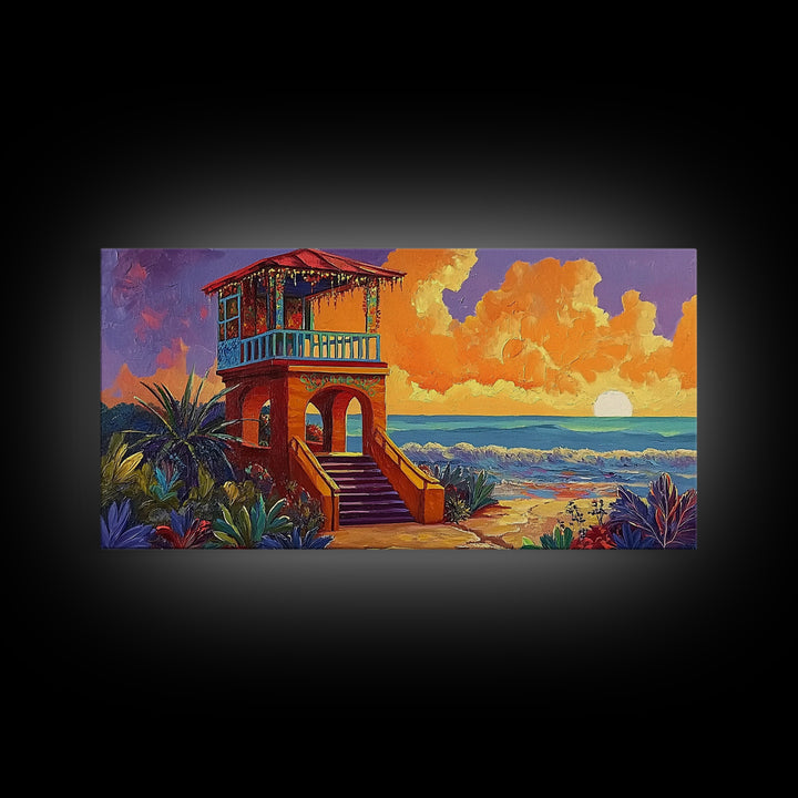 Beach Sunset, Tower, Tropical, Canvas Print, Coastal sunset art, boho beach house decor, vibrant tropical wall art, living room art