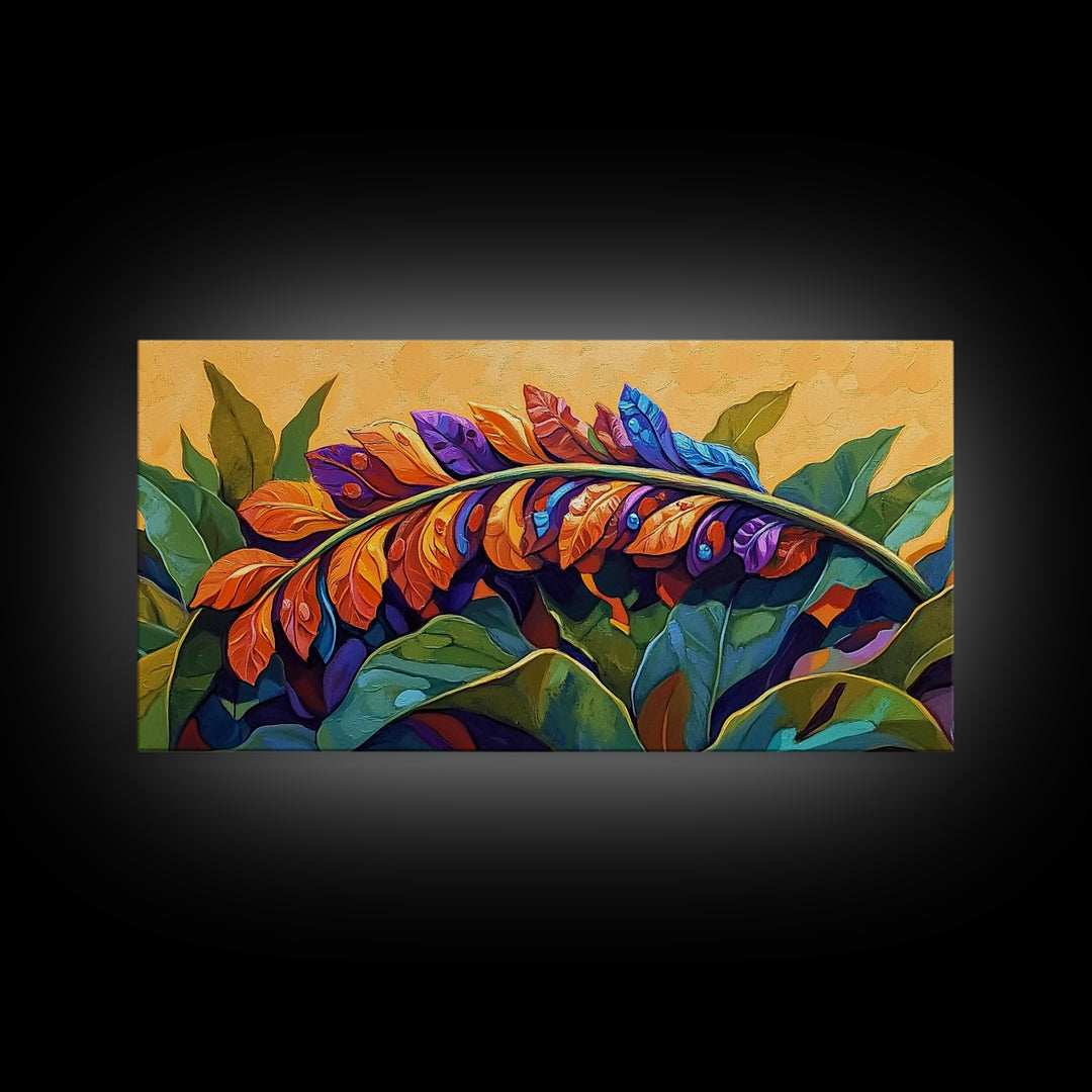 Tropical Leaves, Bright, Fall, Framed Canvas Print, botanical fall wall art, colorful boho tropical leaves painting, kitchen home decor