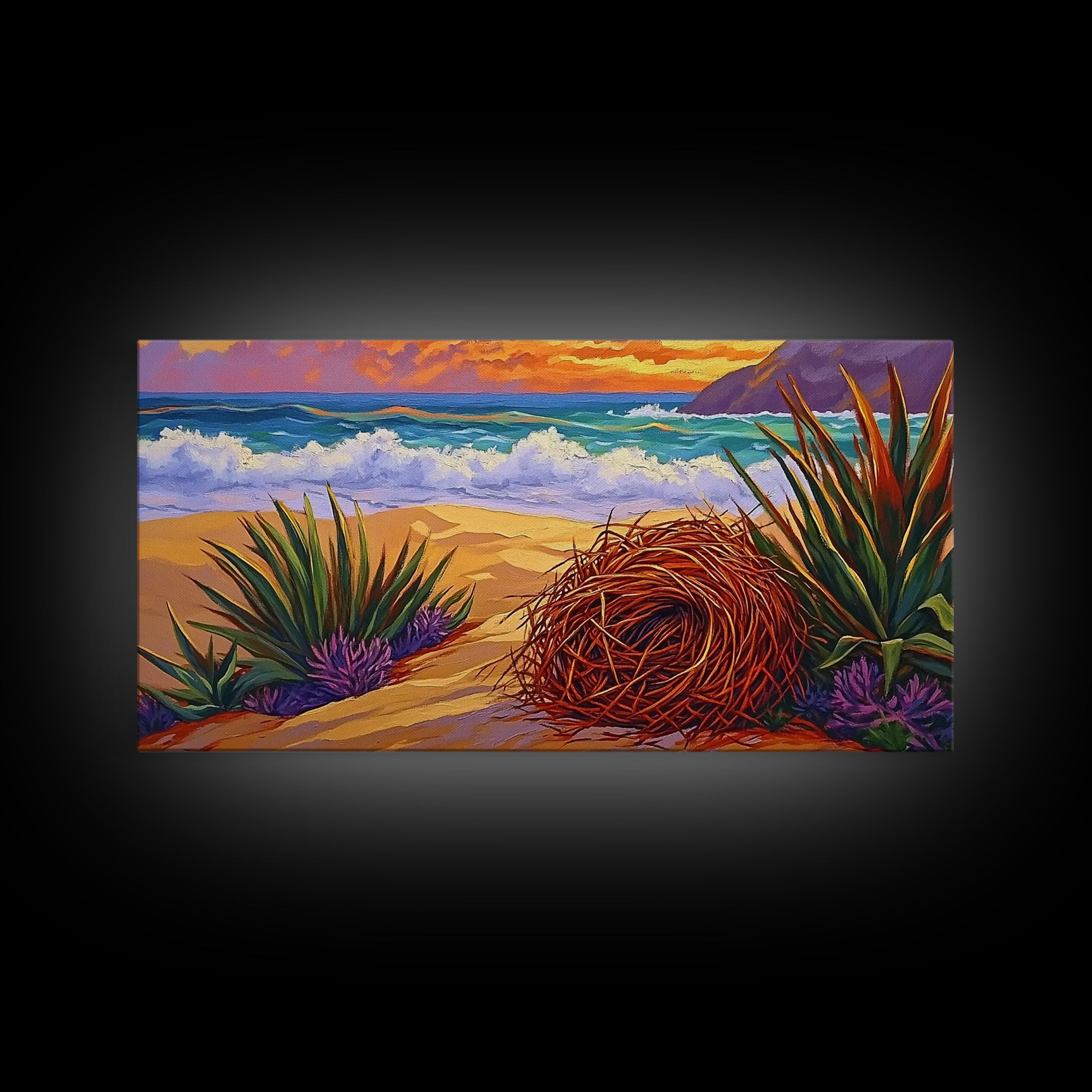 Nest Ocean, Beach, Nature, Framed Canvas Print, Desert beach art, boho coastal nature scene, calming fall tones, living room wall decor