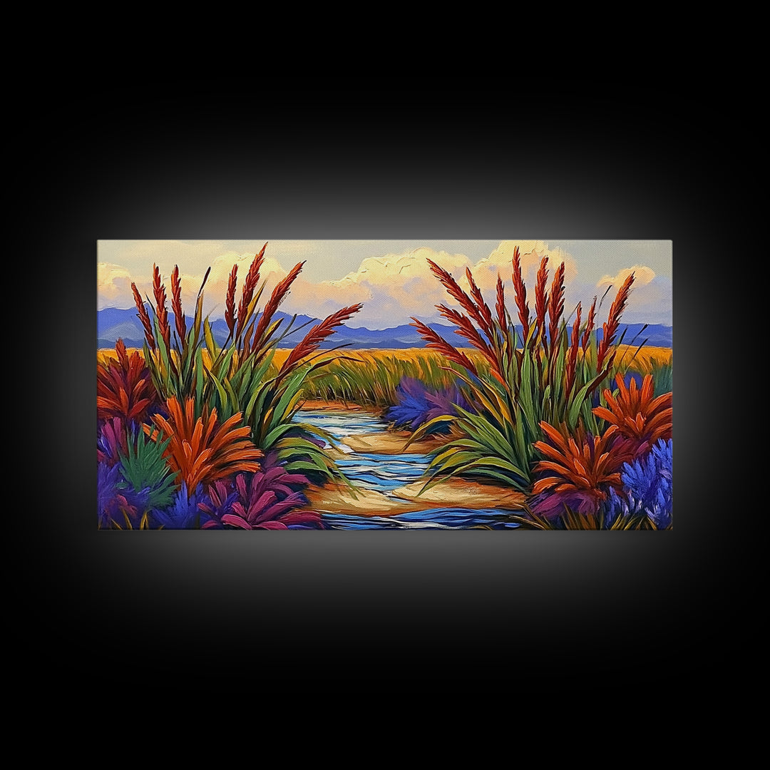 Marsh Grassland, Sunset, Scene, Framed Canvas Print rustic farmhouse art, colorful Fall wall decor, bedroom landscape canvas