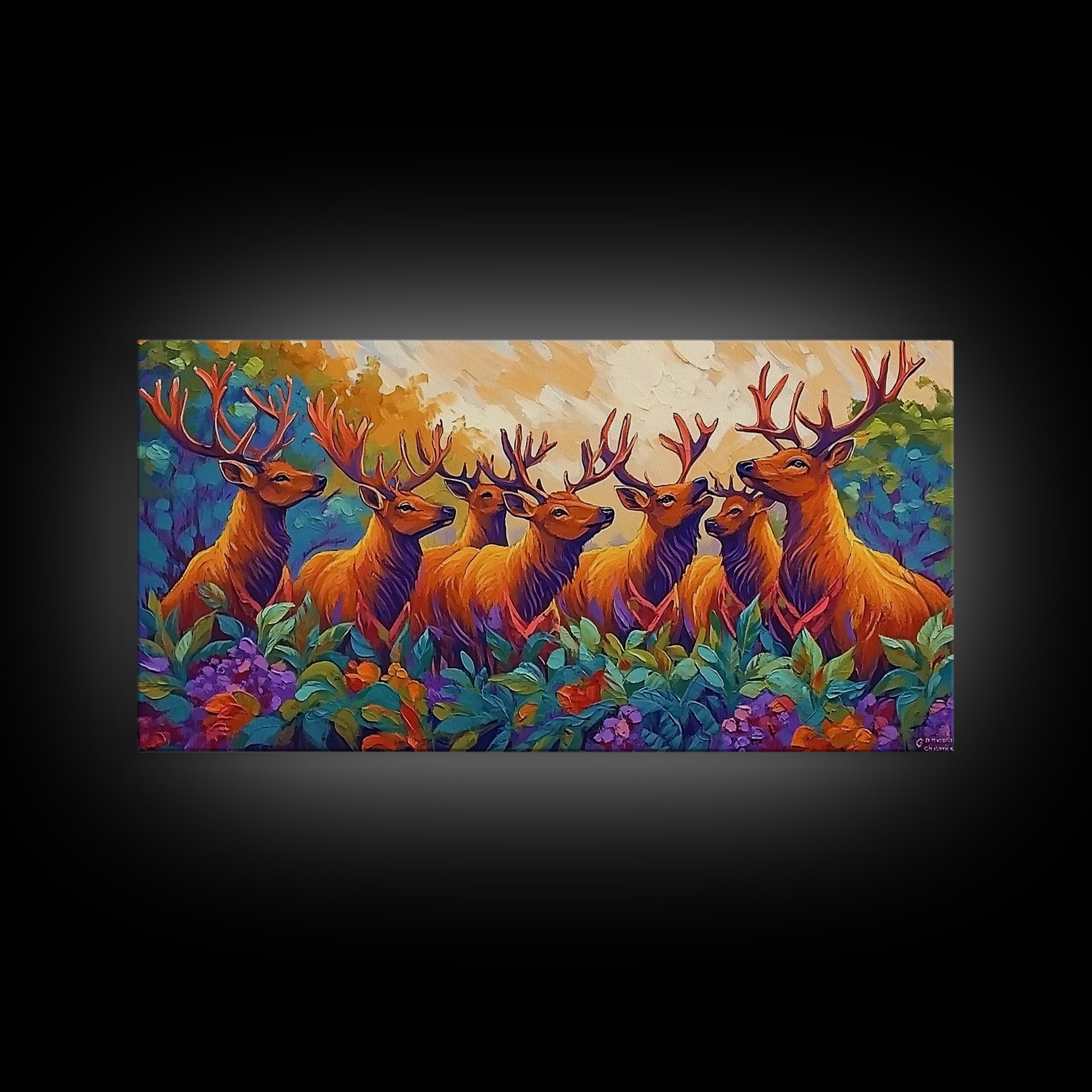 Deer Autumn, Forest, Scene, Framed Canvas Print wildlife cabin wall decor, vibrant Fall nature art, lodge living room print