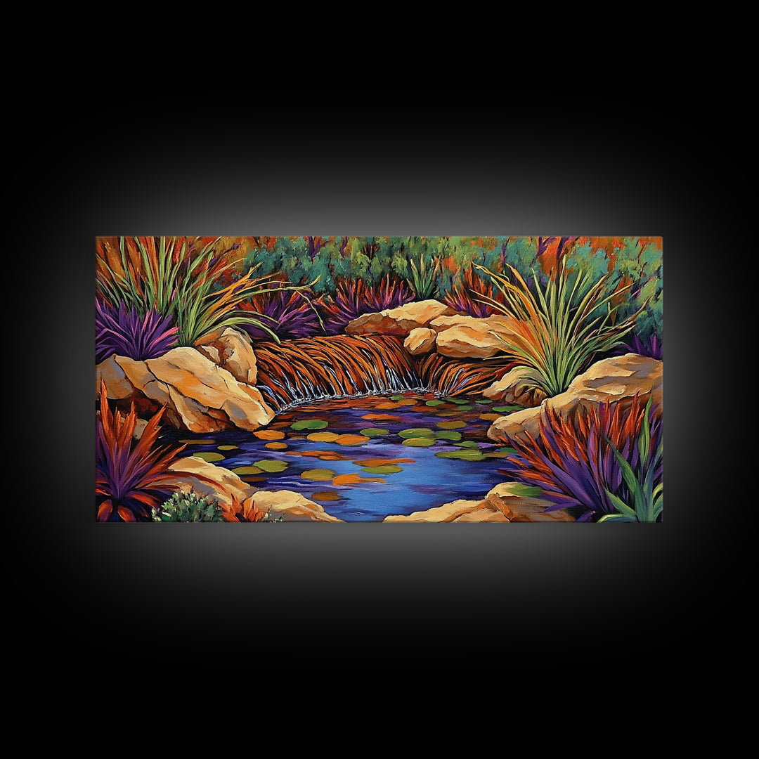 Desert Waterfall, Vibrant, Nature, Framed Canvas Print, desert oasis waterfall, Living Room Wall Art, colorful landscape painting