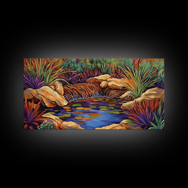 Desert Waterfall, Vibrant, Nature, Framed Canvas Print, desert oasis waterfall, Living Room Wall Art, colorful landscape painting