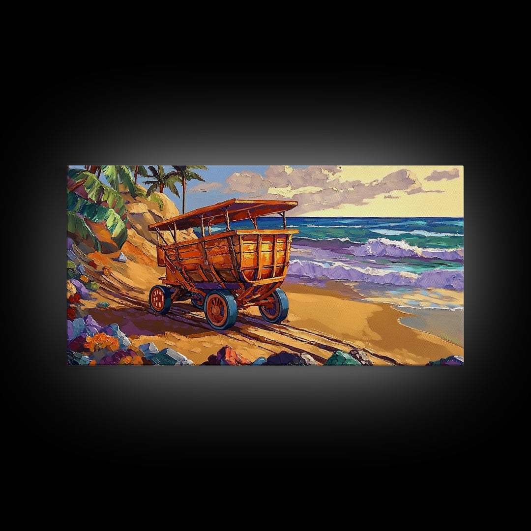Coastal Cart, Tropical Beach, Ocean Shoreline, Framed Canvas Print, Rustic Wall Art, Coastal Living Room Decor, Summer Vibes Painting