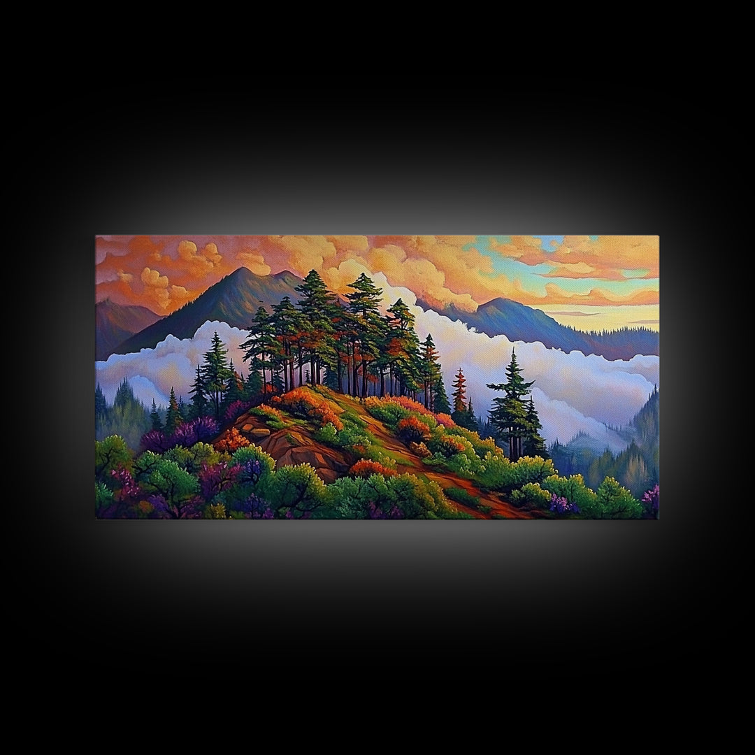 Mountain Trees, Sunset Ridge, Cloudy Peaks, Framed Canvas Print, Nature Inspired Wall Art, Autumn Living Room or Office Decor