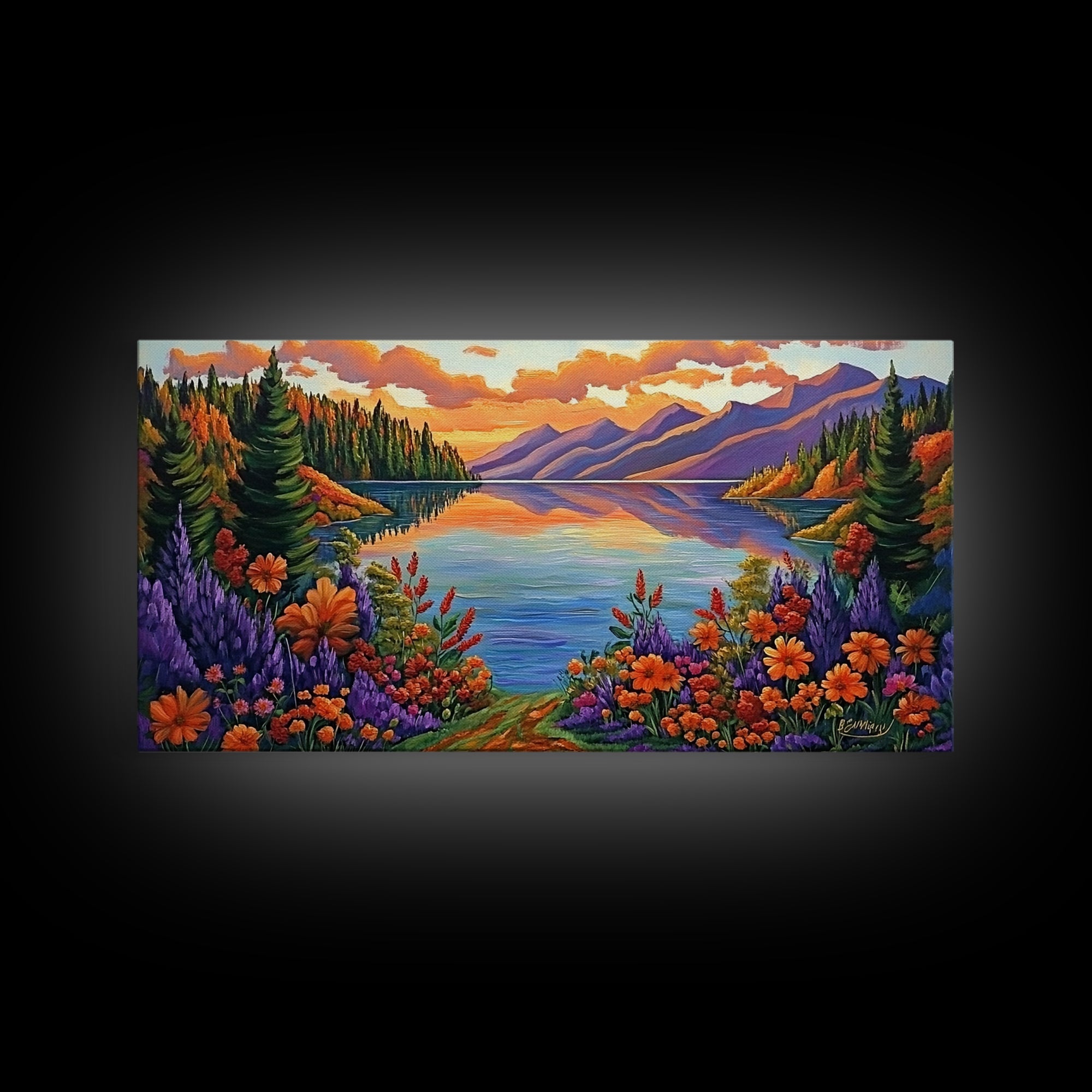 Mountain Lake, Sunset Reflection, Wildflower Meadow, Canvas Print, Vibrant Nature Art, Living Room or Cabin Wall Decor