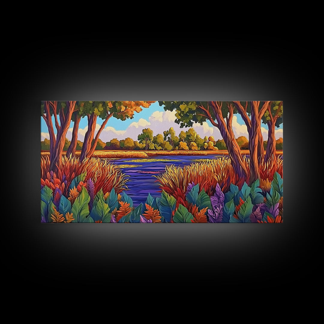Autumn River, Landscape, Tranquil, Framed Canvas Print, fall river landscape, Entryway Wall Art, autumn colors, nature decor