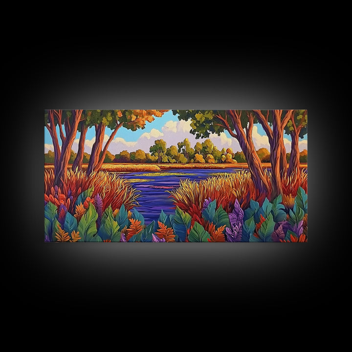 Autumn River, Landscape, Tranquil, Framed Canvas Print, fall river landscape, Entryway Wall Art, autumn colors, nature decor