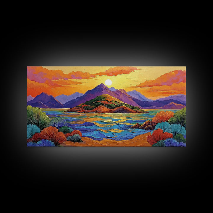 Island Sunset, Mountain Horizon, Ocean Glow, Framed Canvas Print, Bold Wall Art, Bedroom or Office Decor, Tropical Paradise Painting