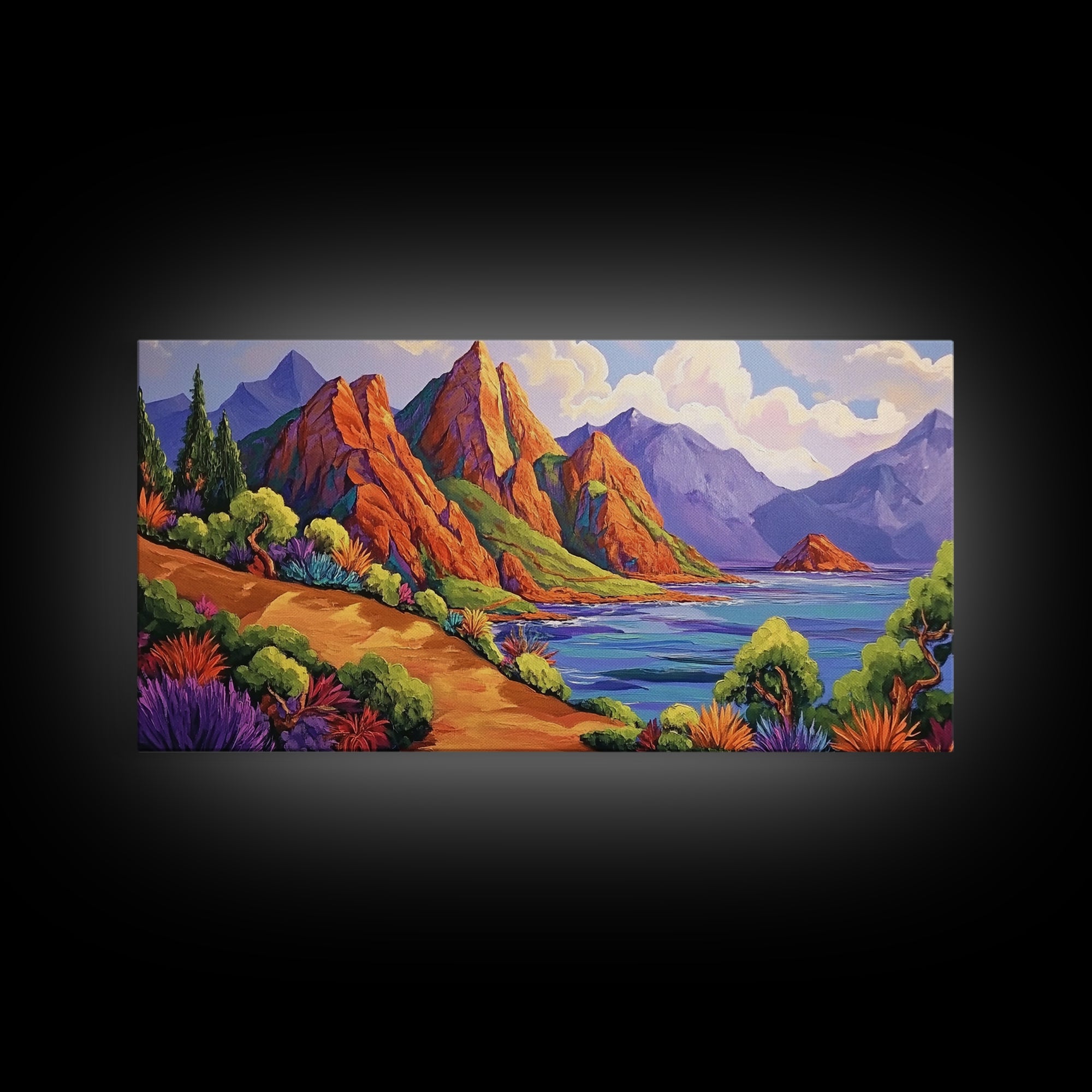 Coastal Cliffs, Tropical Shoreline, Sunset Mountains, Canvas Print, Boho Nature Wall Art, Office Decor, Landscape Painting