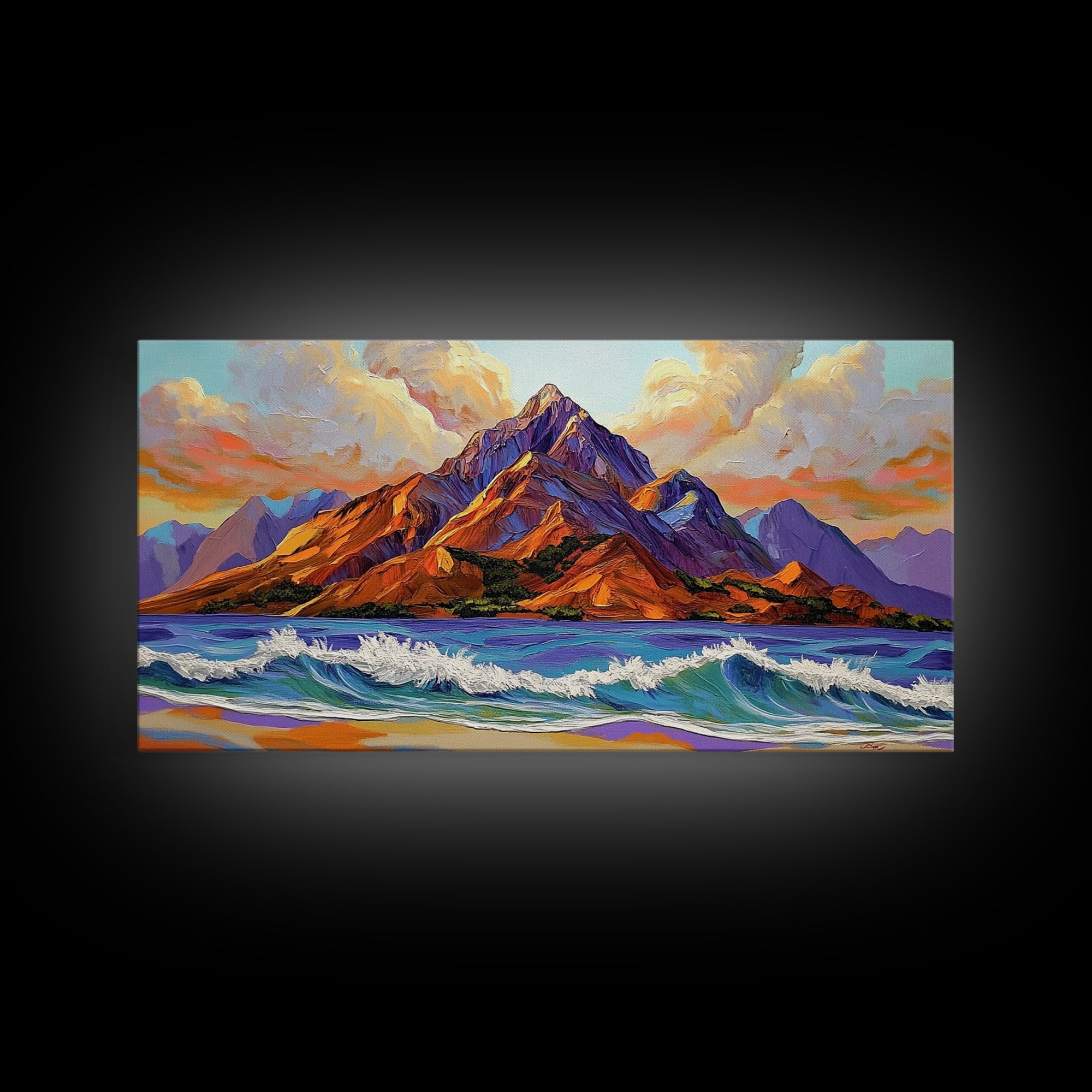 Ocean Peak, Island Sunrise, Vibrant Mountain, Framed Canvas Print, Bold Coastal Art, Beach House Wall Decor, Sunset Vibes