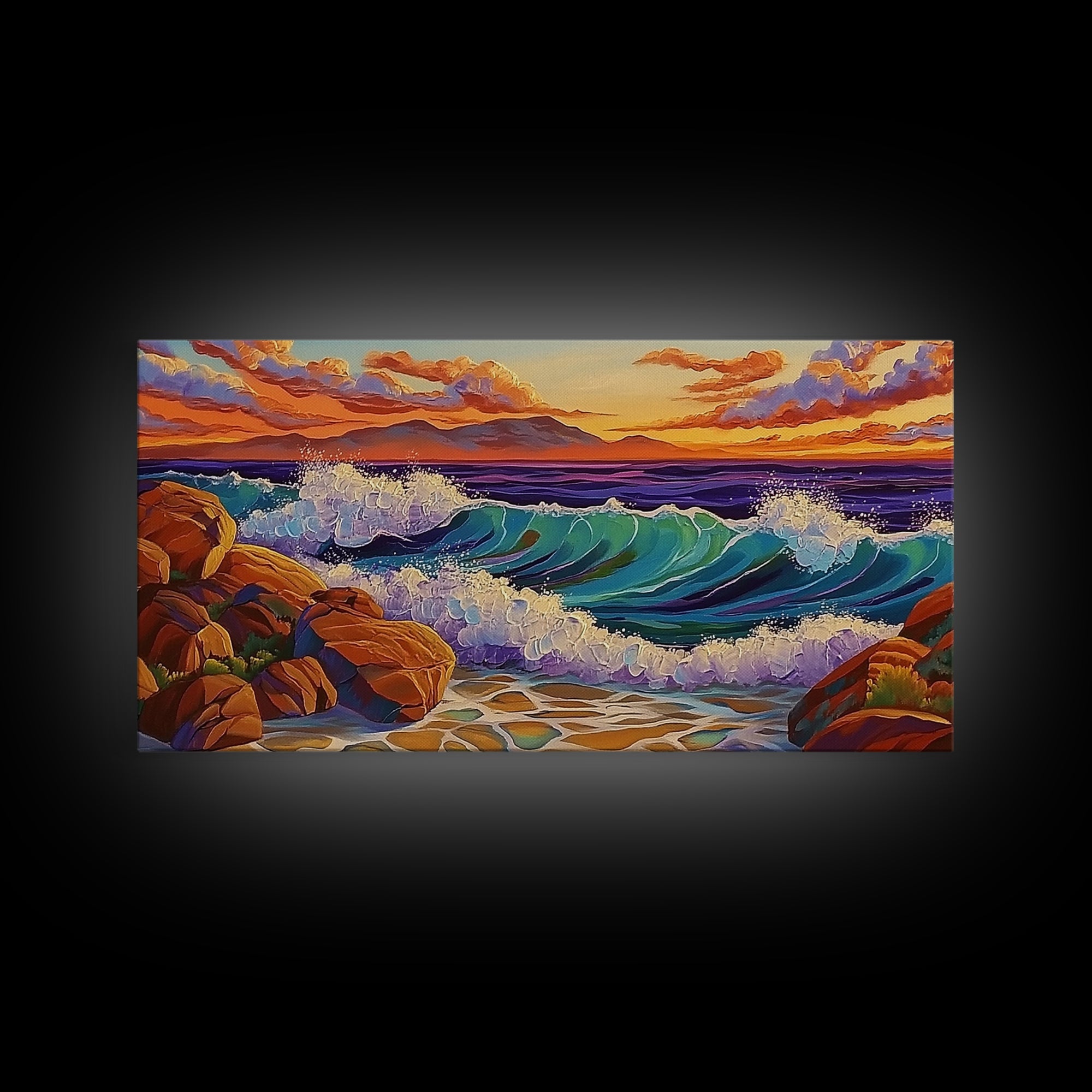 Coastal Splash, Sunset Rocks, Ocean Wave, Framed Canvas Print, Bold Nature Wall Art, Living Room Decor, Vibrant Seaside Artwork