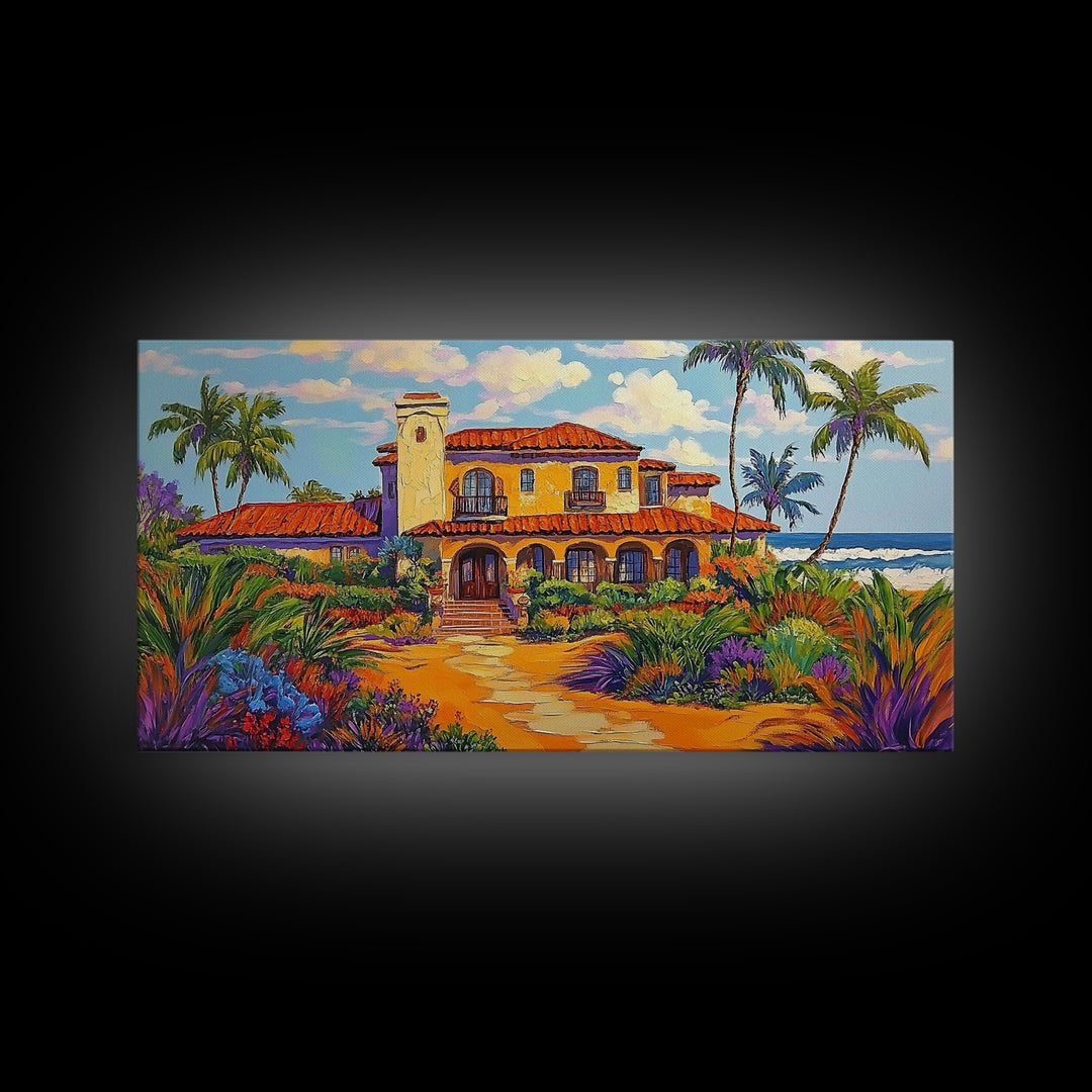 Tropical Villa, Palm Trees, Coastal, Framed Canvas Print, Spanish beach house art perfect Dining Room Wall Art or Vacation Home Decor