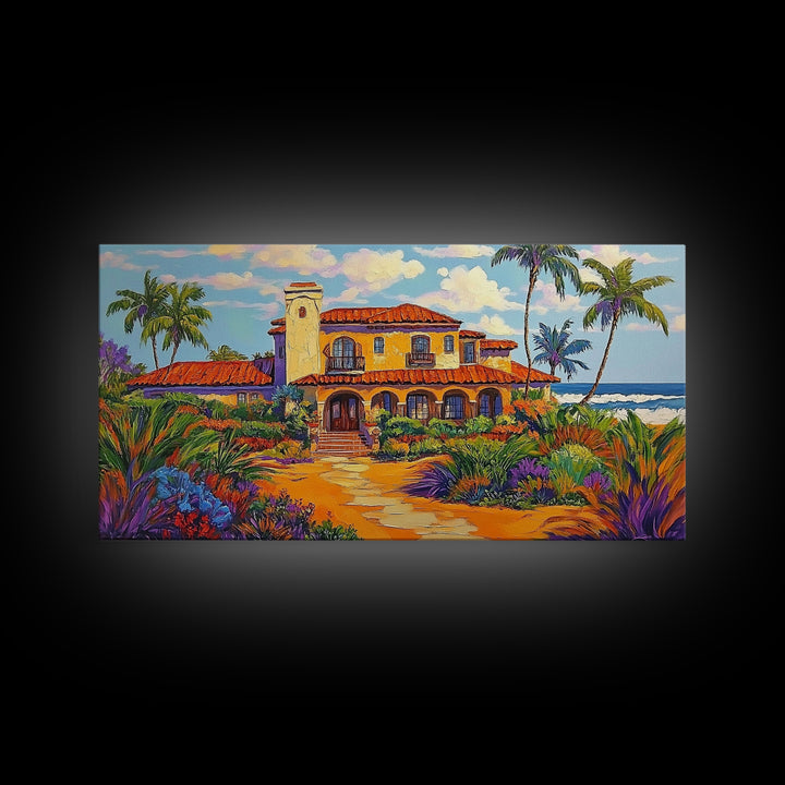 Tropical Villa, Palm Trees, Coastal, Framed Canvas Print, Spanish beach house art perfect Dining Room Wall Art or Vacation Home Decor