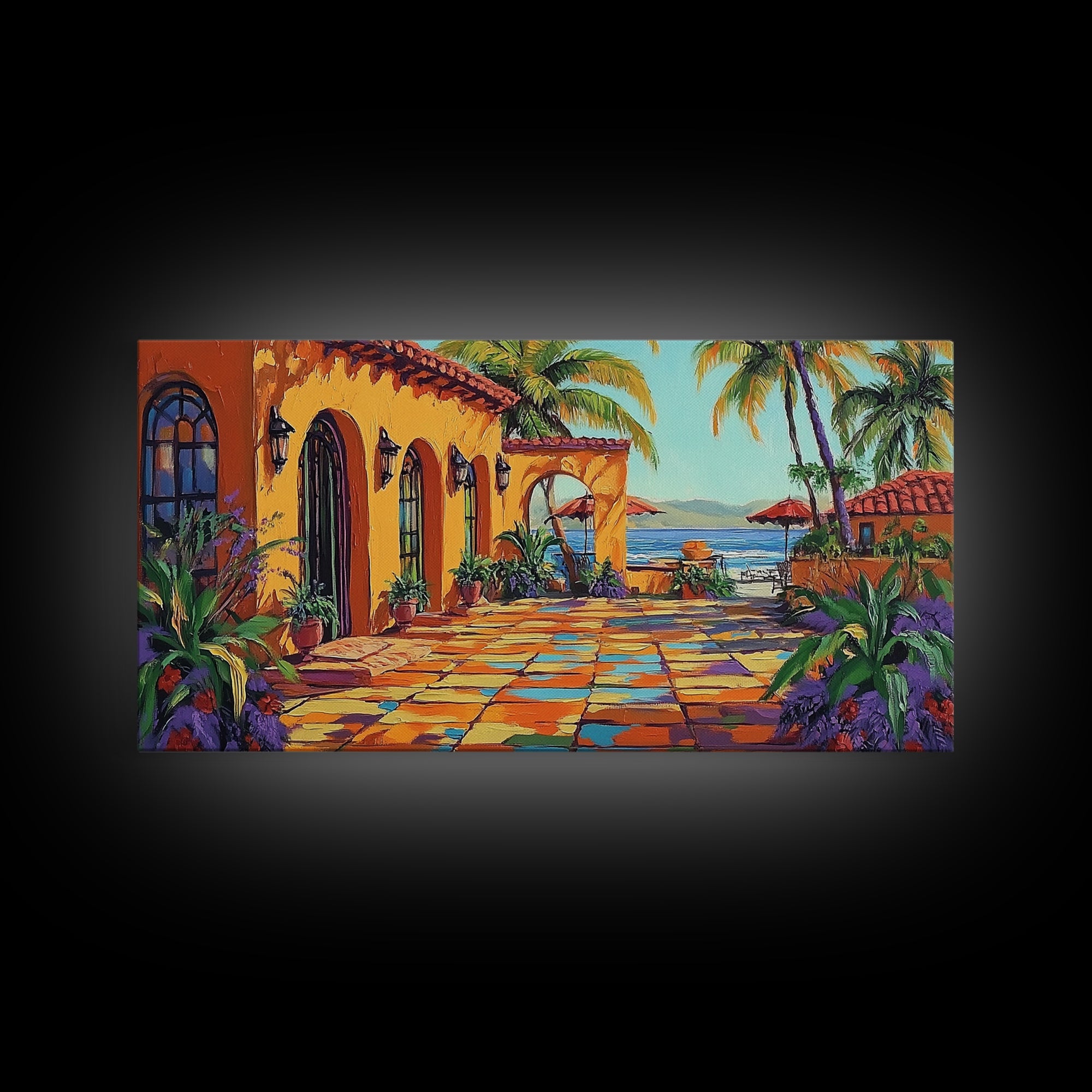 Coastal Patio, Palm View, Sunset, Canvas Print, Mexican beach terrace painting great Entryway Wall Art or Mediterranean Home Decor