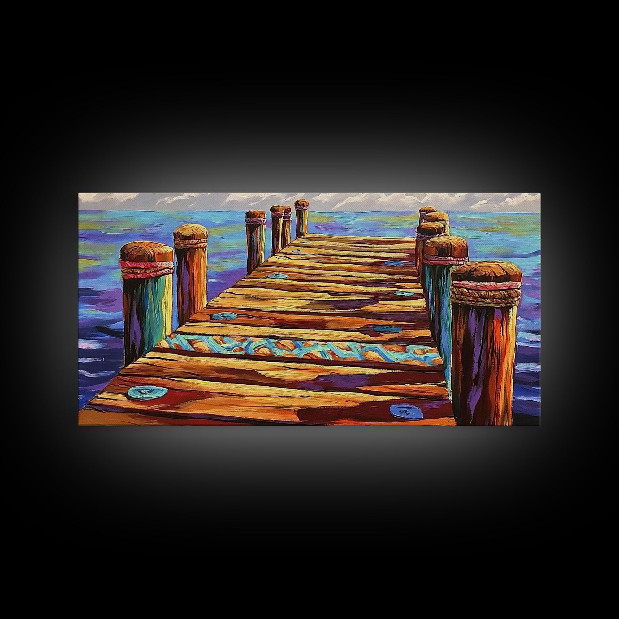 Dock View, Ocean, Coastal Path, Framed Canvas Print, Vibrant pier artwork ideal Beach House Wall Art or Nautical Entryway Decor