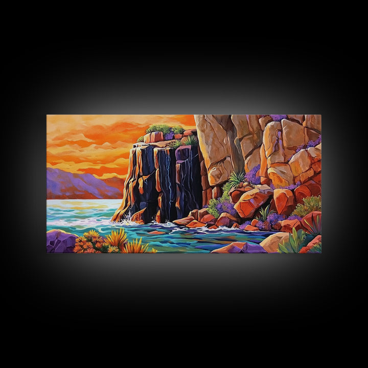 Desert Sunset, Cliffs, Nature, Framed Canvas Print, rocky cliffs and sea, Boho Living Room Wall Art, colorful sunset art, coastal vibes