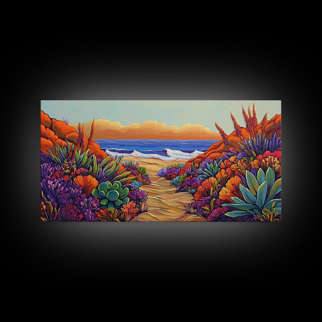 Beach Trail, Succulents, Ocean Path, Framed Canvas Print, Vibrant desert-to-ocean painting perfect Kitchen Wall Art or Boho Coastal Decor