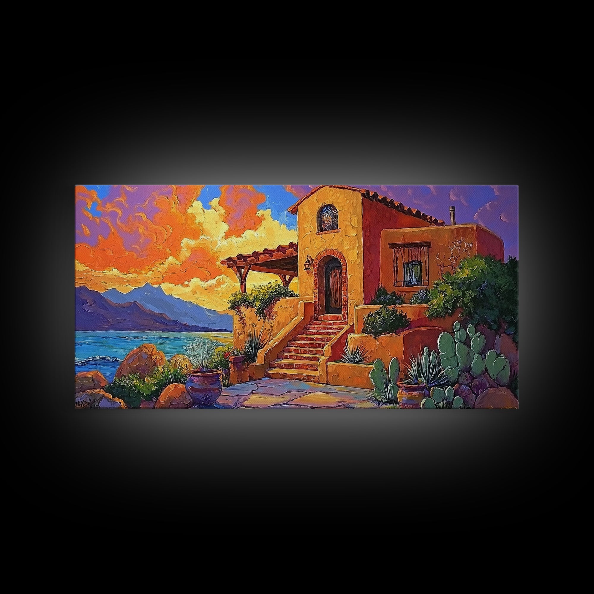 Desert Adobe, Sunset, Southwest, Framed Canvas Print, southwestern home art, rustic decor, living room wall art, fall adobe style