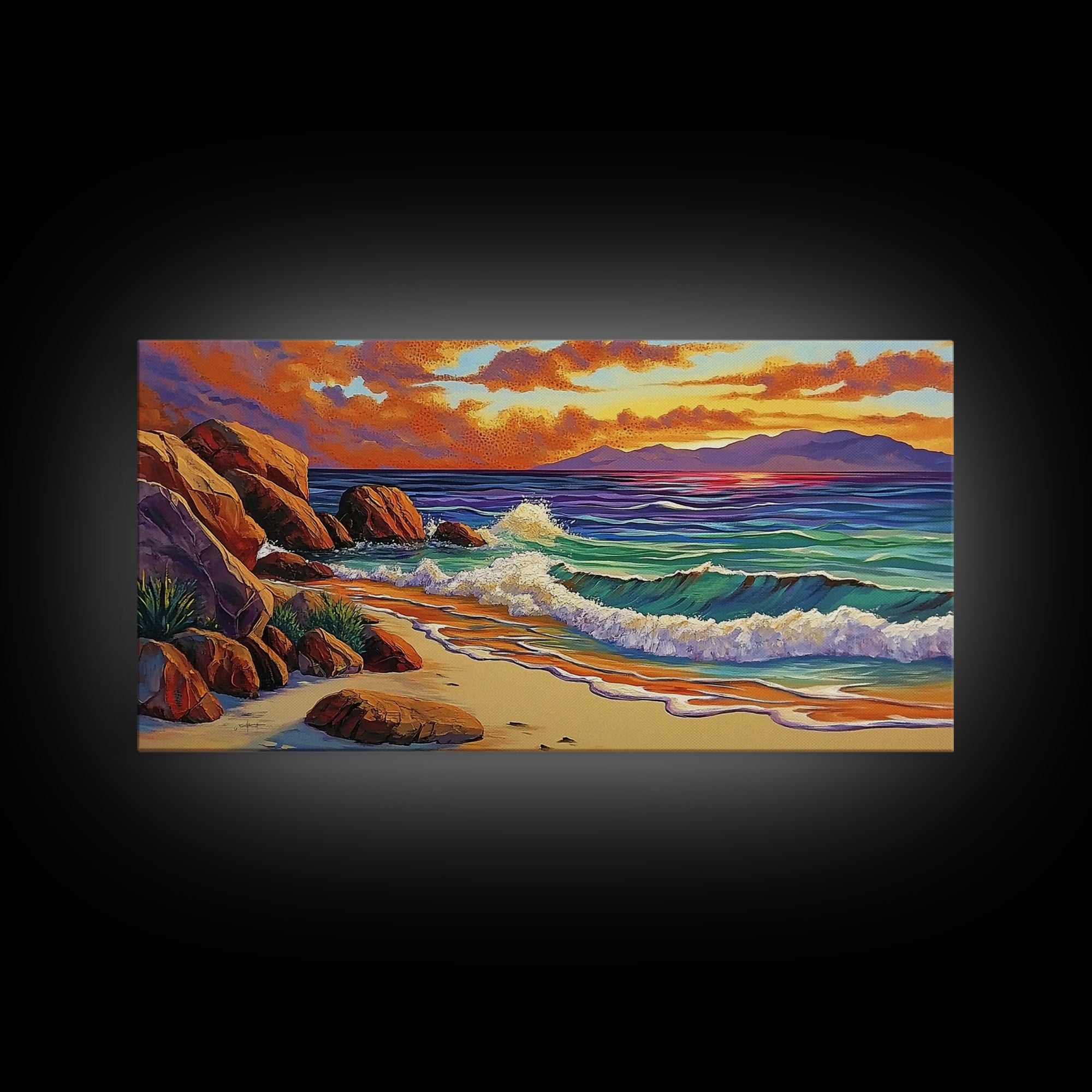 Coastal Sunset, Waves, Shore, Framed Canvas Print, ocean beach decor, seascape living room wall art, tropical boho coastal style