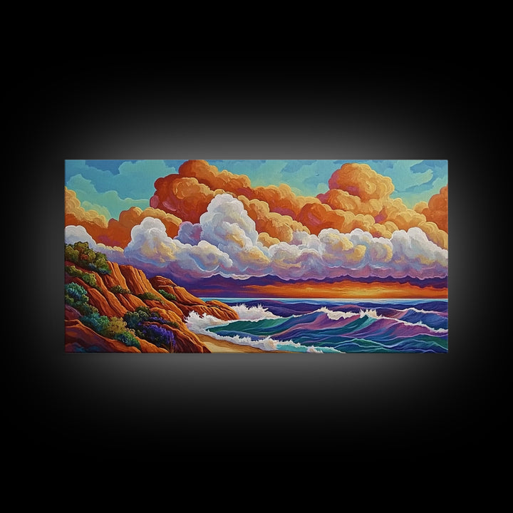 Clouds Ocean, Sunset, Dreamy, Framed Canvas Print, whimsical seascape, vibrant wave art, living room decor, beach wall art