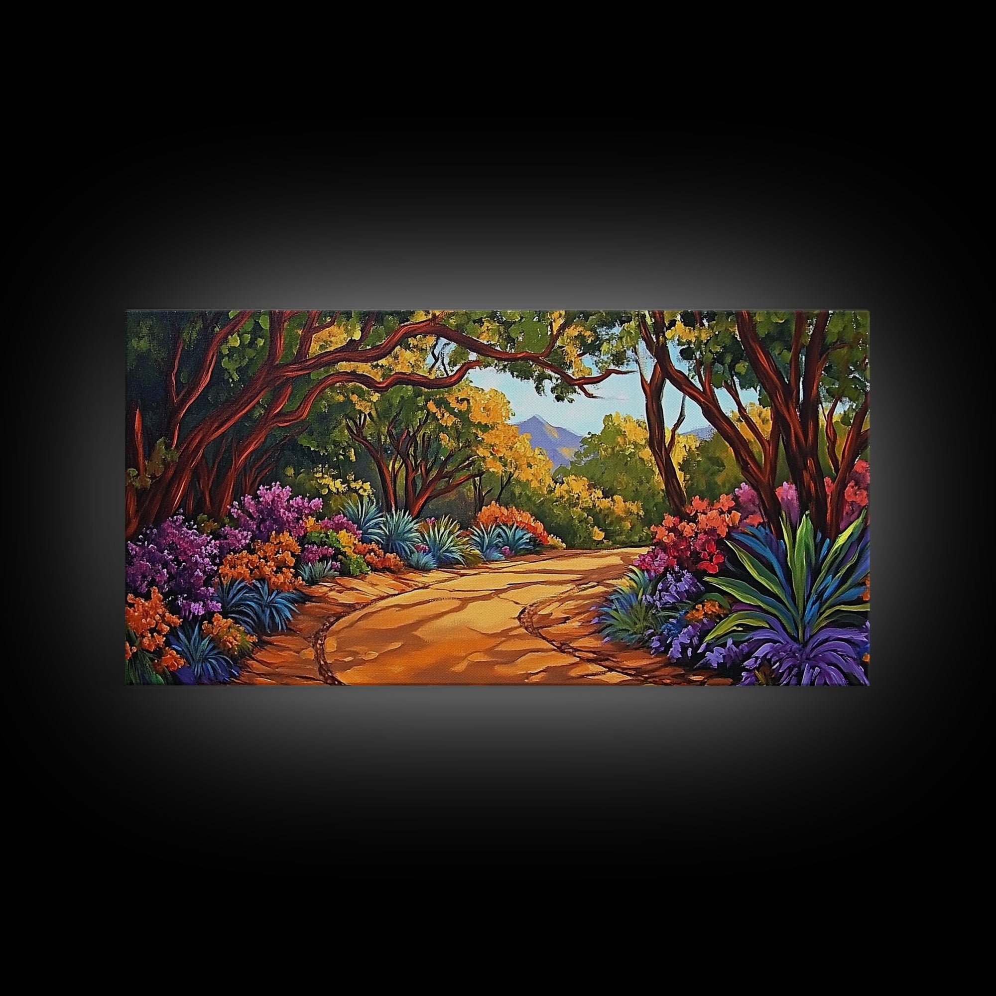 Nature Pathway, Garden, Trees, Framed Canvas Print, vibrant forest trail art, spring botanical decor, living room boho landscape