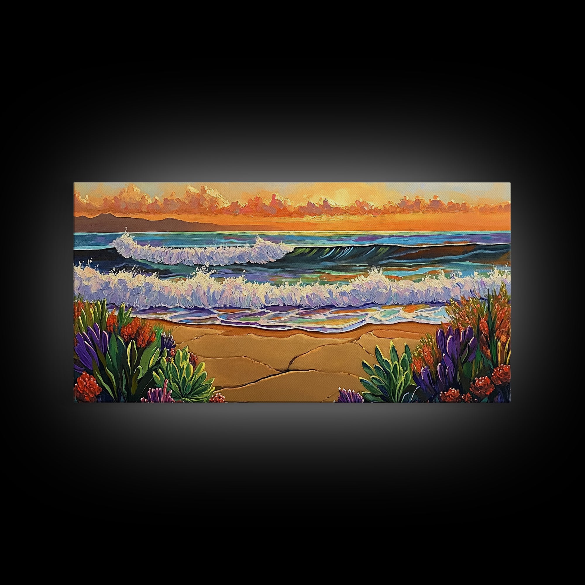 Ocean Sunset, Waves, Coastal, Canvas Print, ocean waves at sunset, Coastal Wall Art, vibrant seascape decor, beach house art