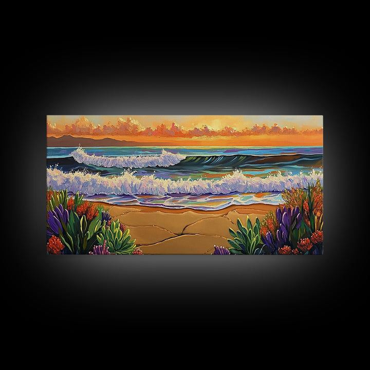 Ocean Sunset, Waves, Coastal, Canvas Print, ocean waves at sunset, Coastal Wall Art, vibrant seascape decor, beach house art