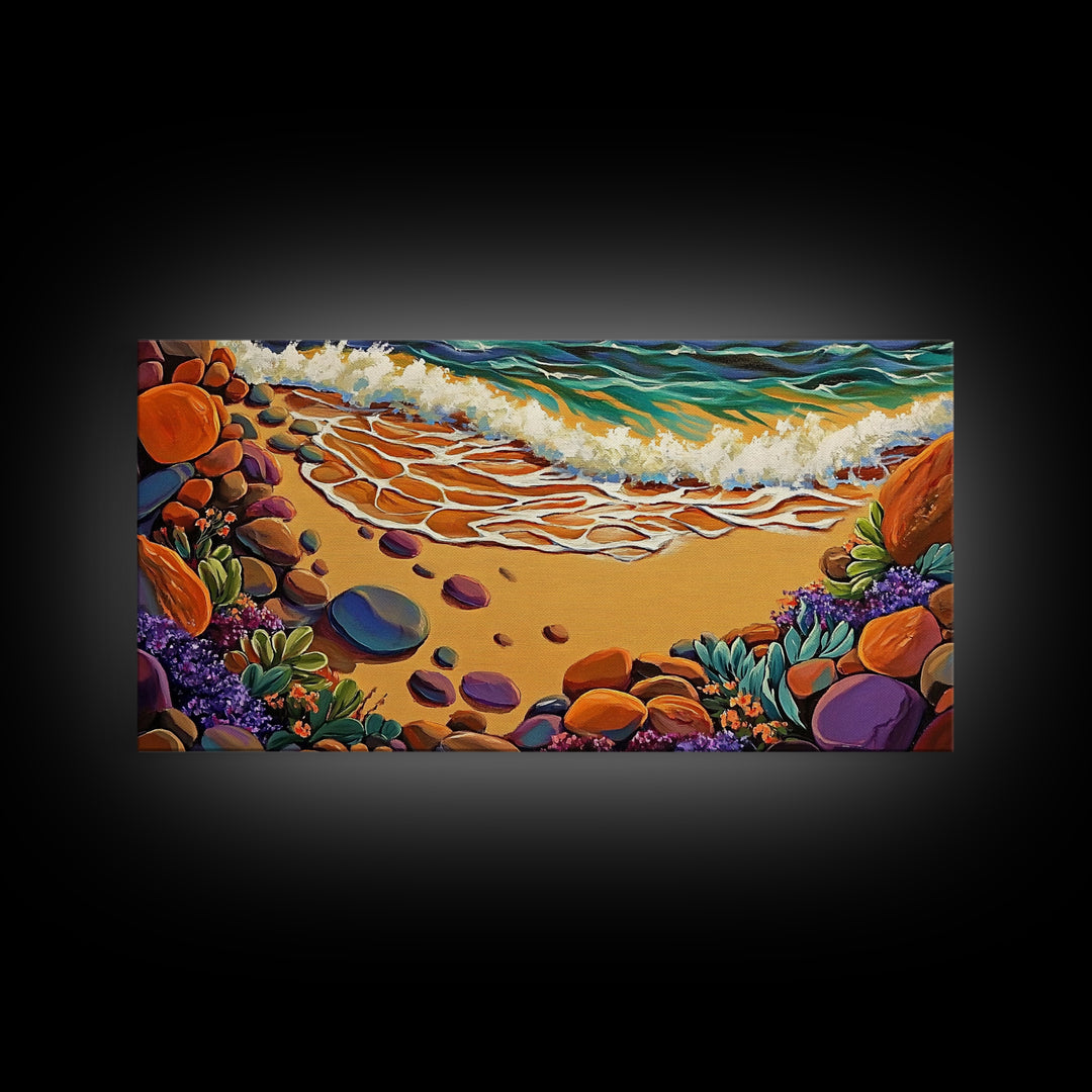 Coastal Shoreline, Footprints, Framed Canvas Print, Coastal beach waves and footprints art with colorful rocks, Bathroom Wall Art