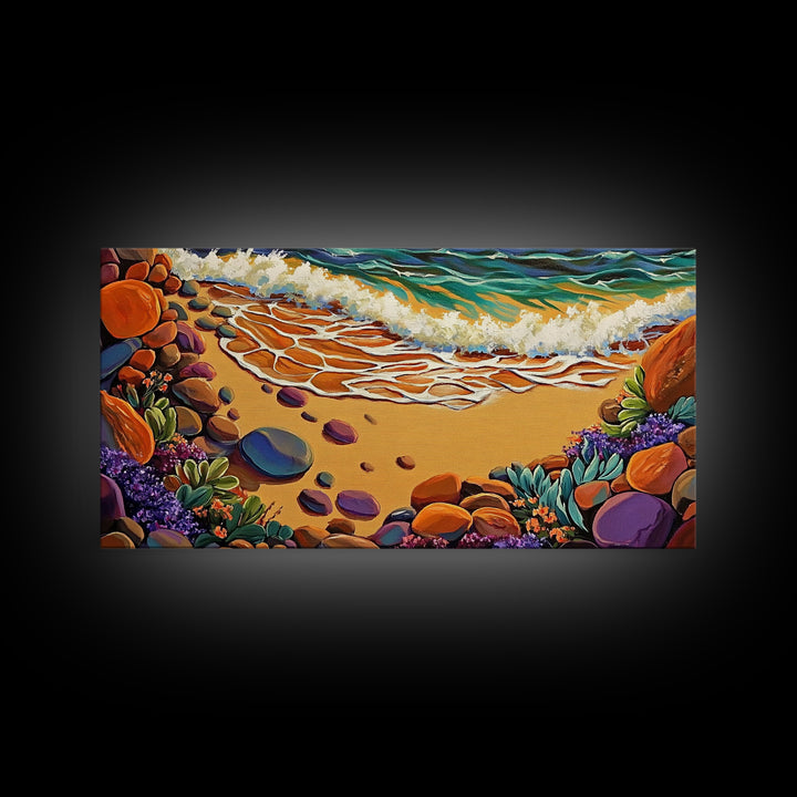 Coastal Shoreline, Footprints, Framed Canvas Print, Coastal beach waves and footprints art with colorful rocks, Bathroom Wall Art