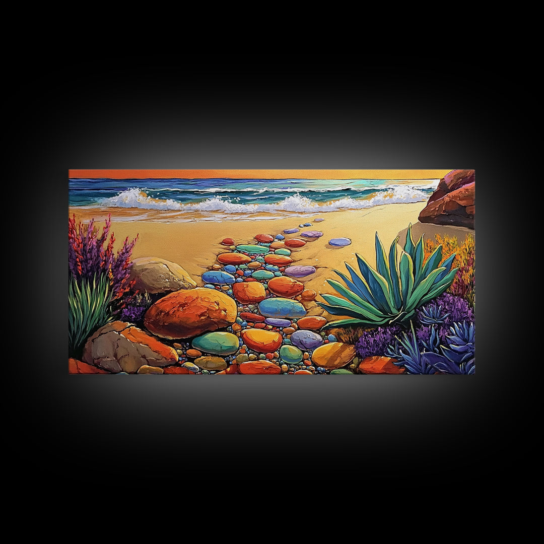 Beach Path, Ocean, Sunset, Canvas Print, Colorful beach path with stones and ocean waves, vibrant coastal Living Room Wall Art