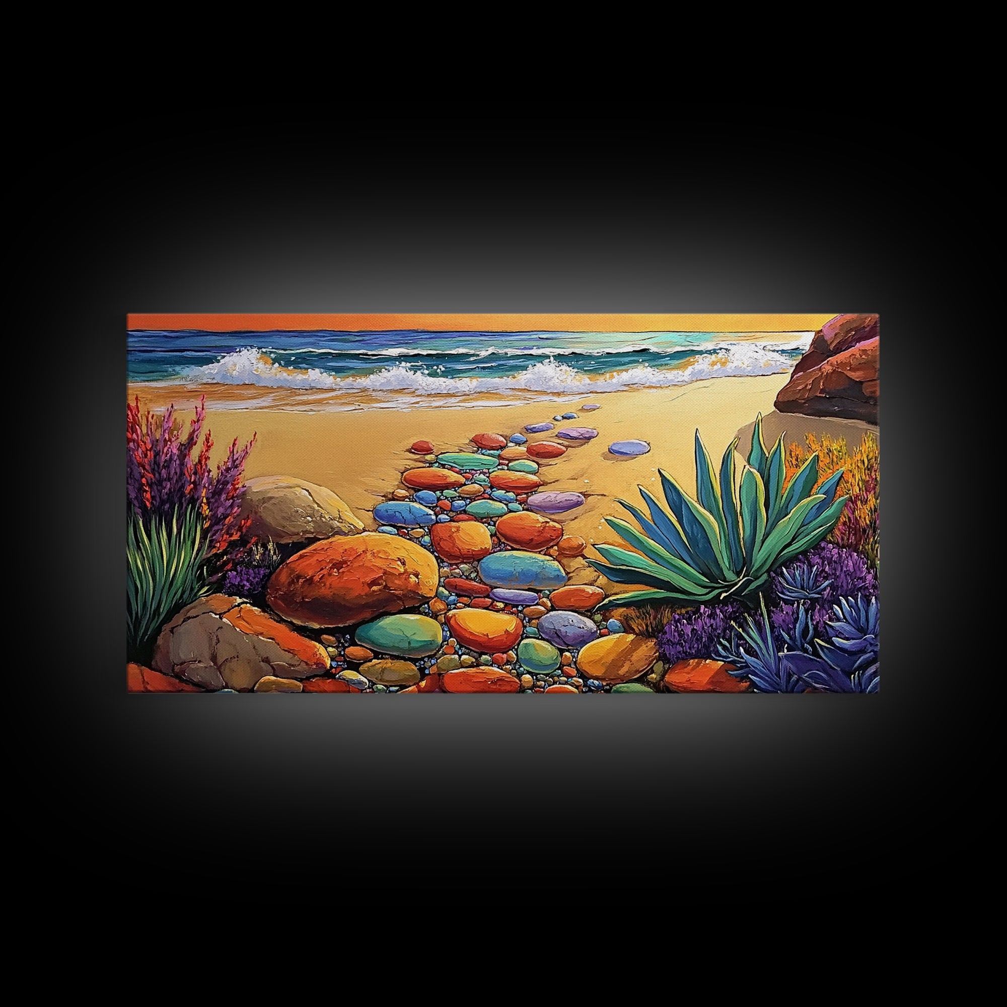Beach Path, Ocean, Sunset, Canvas Print, Colorful beach path with stones and ocean waves, vibrant coastal Living Room Wall Art